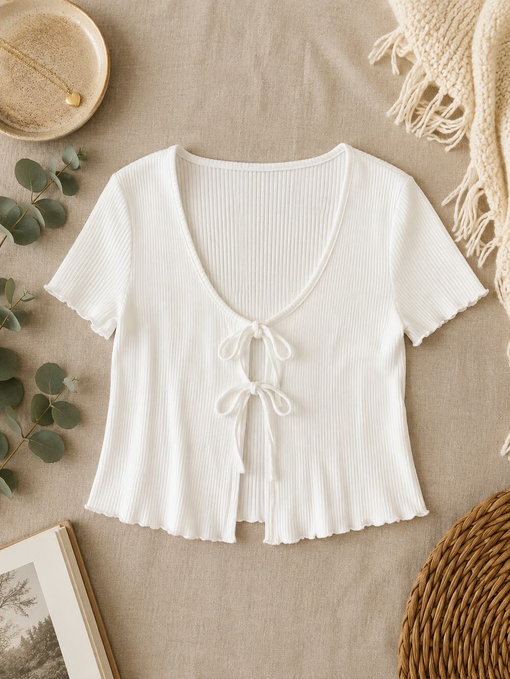 Ardene White Ribbed Tie Front Short Sleeve Top Coquette Cottagecore Coastal SZ L